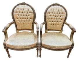 Pair French style gilt framed fauteuils.