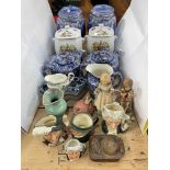 Ringtons caddies, teapots and cream jug, four Royal Doulton character jugs,