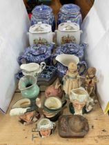 Ringtons caddies, teapots and cream jug, four Royal Doulton character jugs,