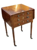 Georgian inlaid mahogany three drawer drop leaf work table on turned legs,