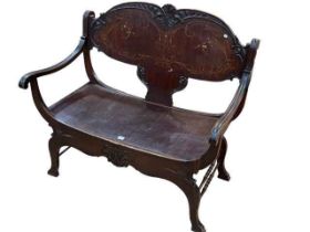 Inlaid mahogany open arm bench.