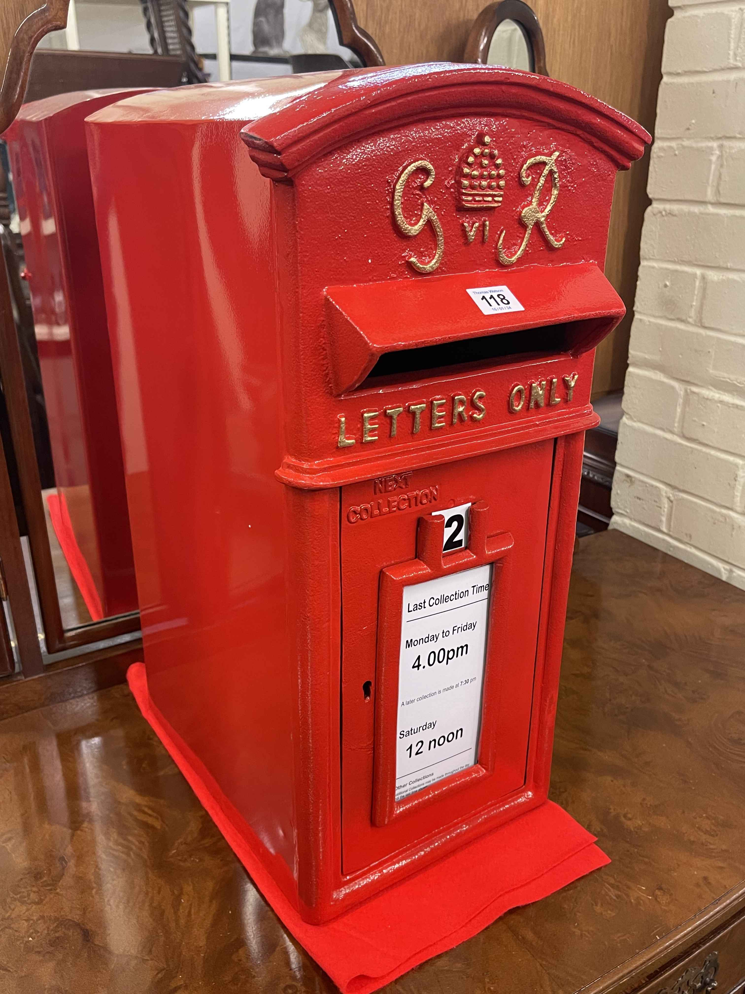 Cast post box and keys, 56.5cm by 24cm by 38cm.