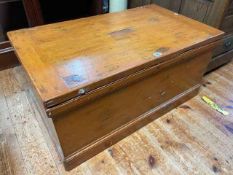 Late Victorian stained pine carpenters tool trunk and collection of tools, 43cm by 91cm by 52cm.