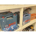 Collection of drills including Bosch, Compound Mitre Saw, Ferrex multi tool, etc.