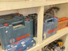 Collection of drills including Bosch, Compound Mitre Saw, Ferrex multi tool, etc.