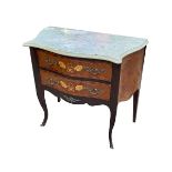 Continental inlaid and marble topped two drawer serpentine front chest, 70.5cm by 78cm by 42cm.