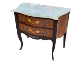 Continental inlaid and marble topped two drawer serpentine front chest, 70.5cm by 78cm by 42cm.