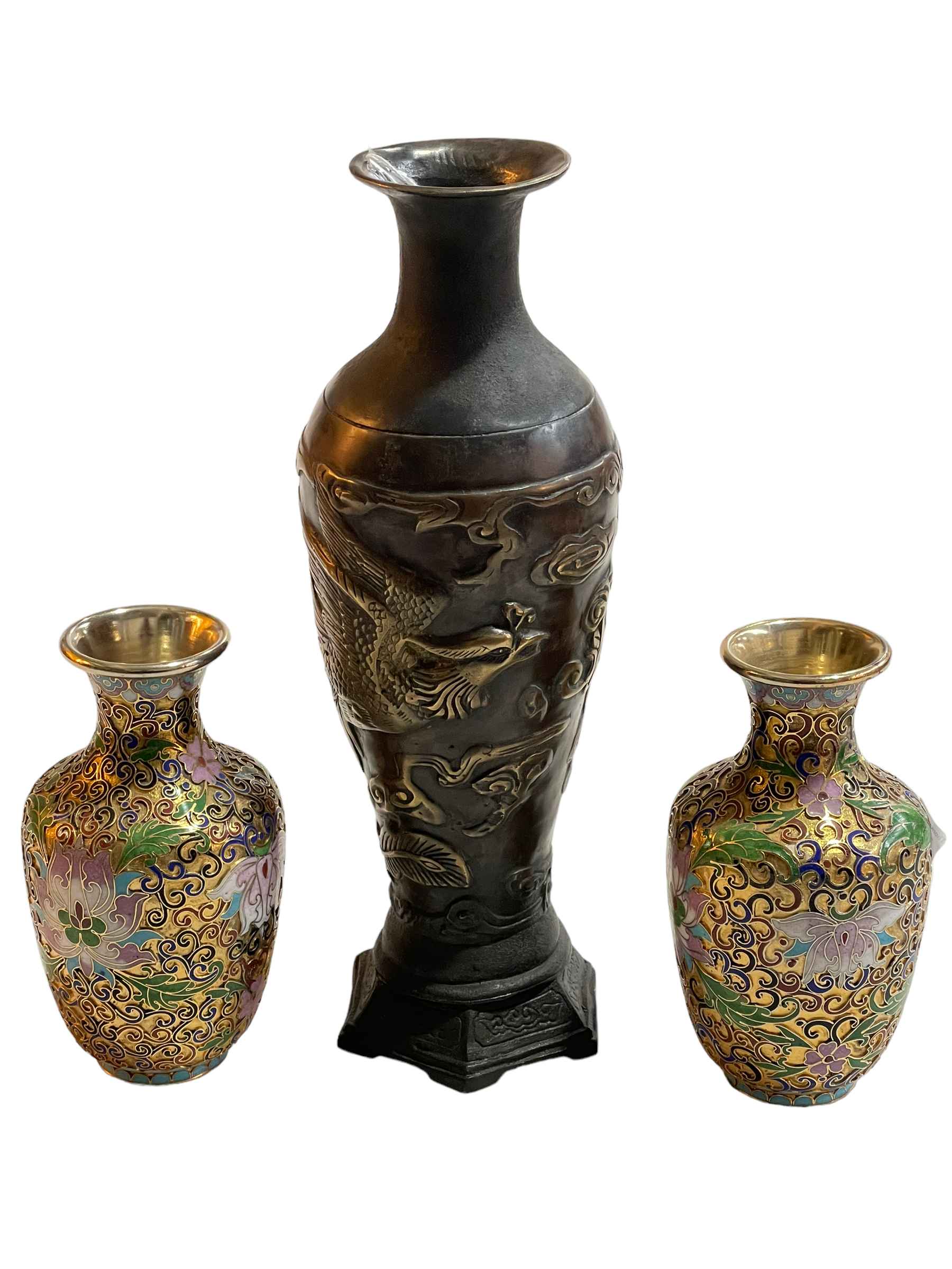 Pair of Cloisonné vases and bronzed vase with raised bird and foliage design,