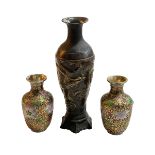 Pair of Cloisonné vases and bronzed vase with raised bird and foliage design,