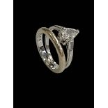 Diamond tear drop 18 carat white gold ring, size N, together with 18 carat white gold wedding band,