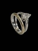 Diamond tear drop 18 carat white gold ring, size N, together with 18 carat white gold wedding band,