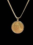 Victoria gold sovereign 1889 with 9 carat gold mount and chain necklace.