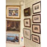 Collection of thirteen various oils and prints including seascape, J.