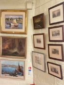 Collection of thirteen various oils and prints including seascape, J.