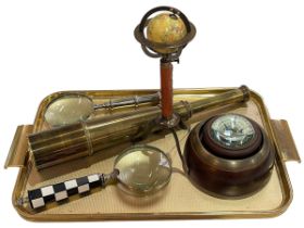 Nautical telescope and desk top compass and two large magnifying glasses,