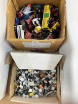 Box of assorted model vehicles and box of model soldiers.
