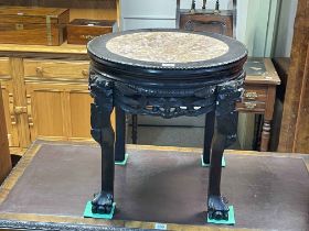Oriental carved hardwood jardiniere stand with inset marble top, 47cm by 46cm diameter.