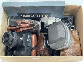 Collection of cameras including Sony, Canon, Koroll II, Kodak, etc.