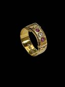 Ruby and diamond 18 carat gold buckle ring, size Q.