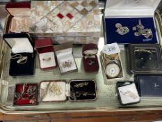 Tray lot of jewellery including silver fob watch, gold bar brooch and other, etc.