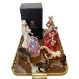 Three Royal Doulton ladies, Royal Worcester 'Eleanor', Coalport 'Joan', and three Beswick ponies.