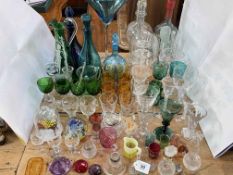 Collection of Victorian and later glass including Mary Gregory glass jugs, various decanters,