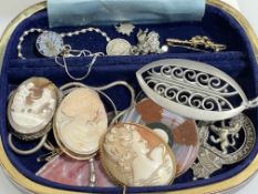 Two 9 carat gold mounted cameo brooches, Scottish stone brooch and other jewellery.
