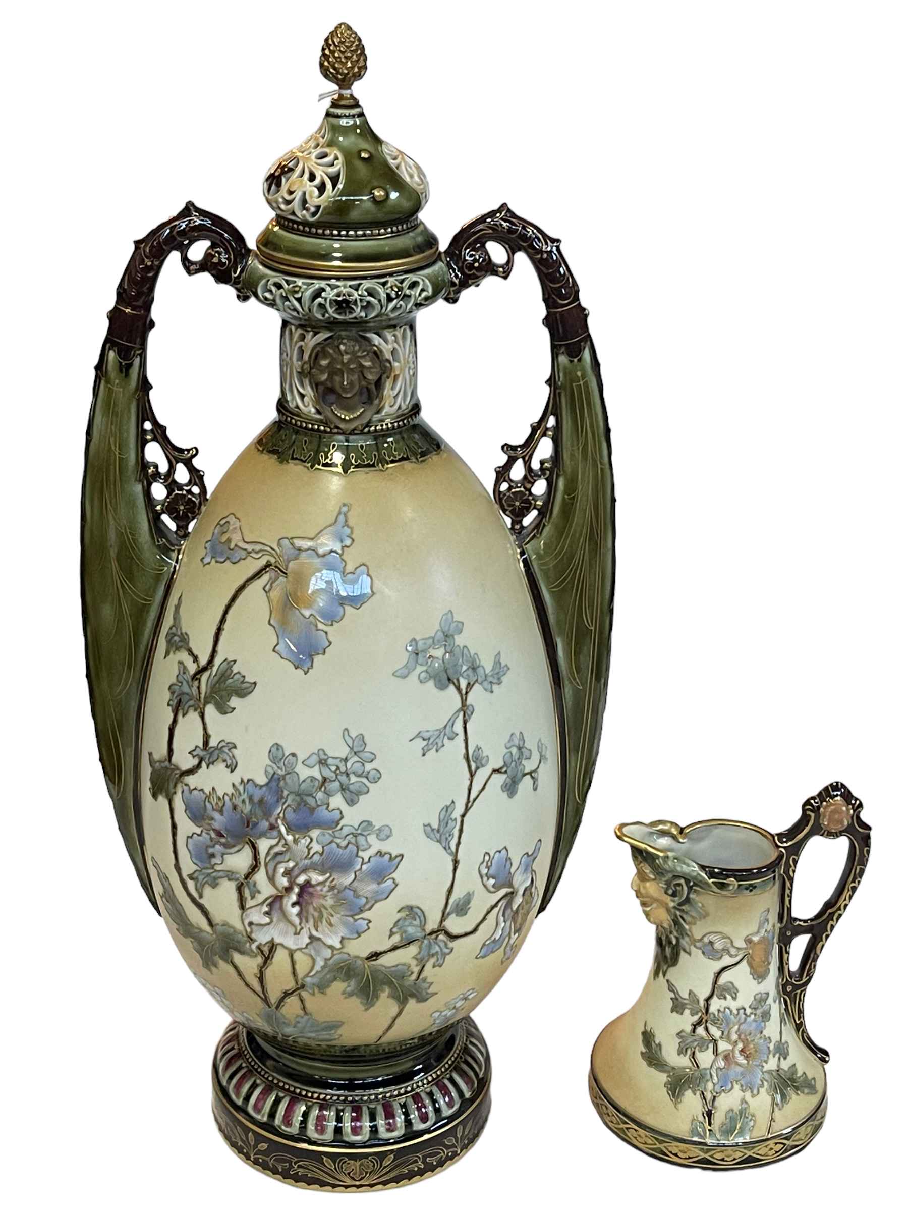 Large Ernst Wahliss, Vienna lidded vase 62cm and jug 12cm.