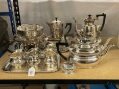 Collection of silver plated wares including serving tray, teapots, etc.