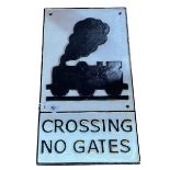 Cast metal 'Crossing No Gates' railway sign.