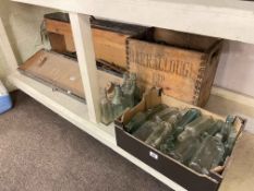 Vintage tool box with tools, Barraclough wooden bottle box and glass bottles including beer bottles.