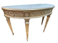 Regency style gilt painted demi lune console table, 93cm by 143cm by 58cm.