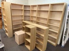 Beech finish open bookcase unit in seven sections,