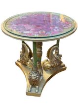 Circular gilt and rose decorated pedestal triform centre table having turned pillars supported by