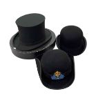 Collapsible top hat with box, bowler hat and WRNS Officer cap.