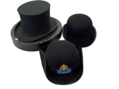 Collapsible top hat with box, bowler hat and WRNS Officer cap.