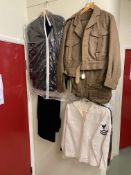 Collection of military uniforms including Royal Navy 'USS Saratoga' interest.