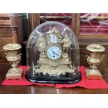 Ornate gilt clock (under dome) garniture set, clock 34cm.