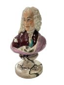 19th Century Pearlware painted bust of Voltaire, 17cm.