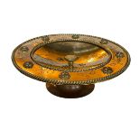 Brass dish with eight Pietra Dura roundels of flowers on rim, 10cm high.