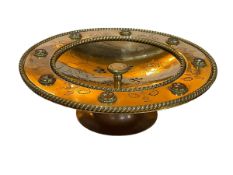 Brass dish with eight Pietra Dura roundels of flowers on rim, 10cm high.