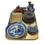 Pair of Cloisonné vases, carved buffalo on stand, blue and white Chinese plate, tea bowl and saucer,