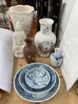 Oriental table screen and various china including figures, vases and bowls.