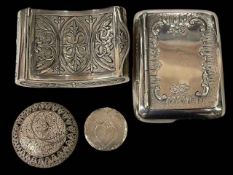 Small silver patch box, Birmingham 1798 and three white metal boxes.