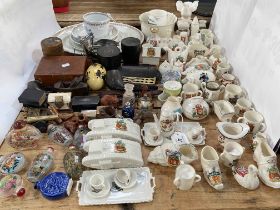 Assorted crested china, opium bottles, netsukes, snuff mull,