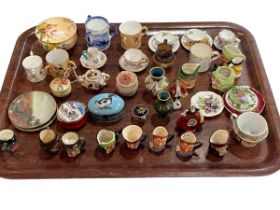 Collection of china miniatures including character jugs, pair of Coalport and other plates,