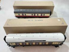 Darstaed De Luxe model of rail coach and Ace Trains vintage style railway coach.