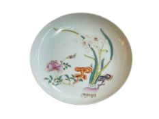 Chinese porcelain saucer dish decorated with narcissus, rose and fungus, six character mark to base,