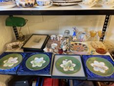 Four Royal Worcester hand painted plates signed Francis Clark, boxed, green shade retro table lamp,