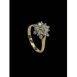 Diamond thirteen stone cluster 18 carat gold ring, size Q.